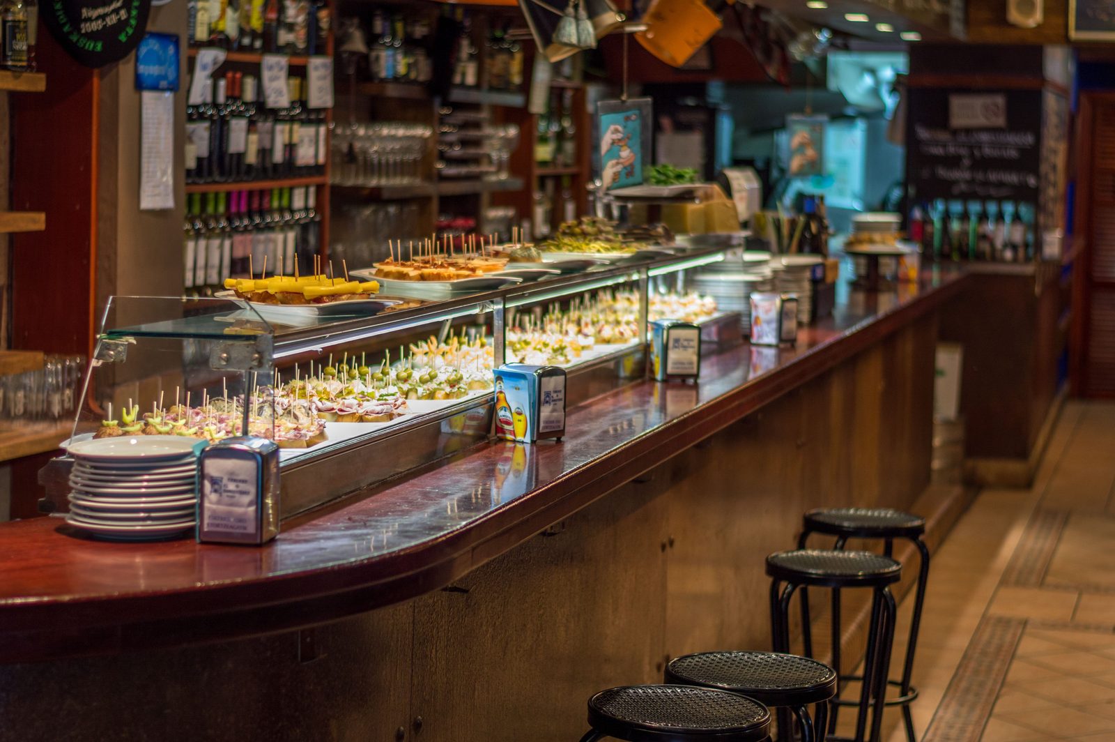 A pintxos bar counter in San Sebastián's old town